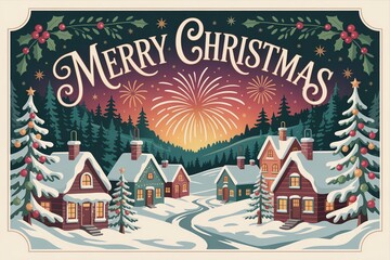 Fototapeta premium A festive Christmas scene with charming cabins, snowy landscapes, and colorful fireworks lighting up the night sky.