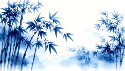 Obraz premium Ink-style blue bamboo silhouettes on pale sky gradient, traditional meets modern