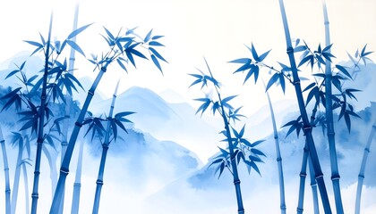 Obraz premium Ink-style blue bamboo silhouettes on pale sky gradient, traditional meets modern