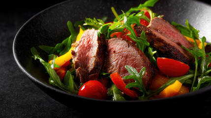 Gourmet sliced beef fillet served with fresh arugula, cherry tomatoes, and yellow bell peppers in a rich balsamic sauce