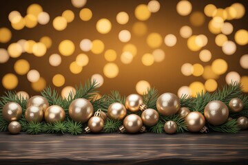 Fototapeta premium Festive Christmas scene with golden ornaments and pine branches, perfect for holiday celebrations and decorations.