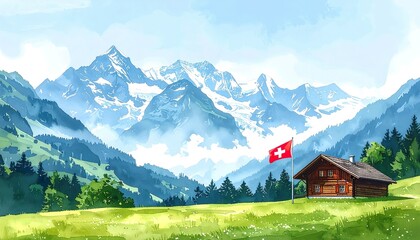 Swiss Alpine Landscape Watercolor with Chalet and Flag
