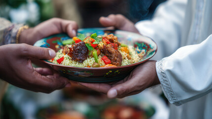 Celebrating togetherness with vibrant Arabic-style cuisine at an outdoor wedding festivity under a stunning sky