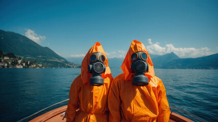 Bright day with two figures in orange hazmat suits and gas masks on a boat at Lake Como with stunning mountain backdrop