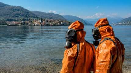 Two figures in orange hazmat suits gaze at the serene Lake Como under a bright blue sky
