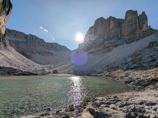 Beautiful landscape of Italian Dolomites mountains, great place for outdoor hiking and climbing via...