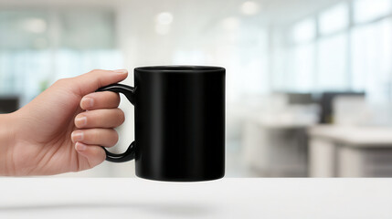 Elegant black mug held by a hand in a modern office environment with a clean, minimalistic design