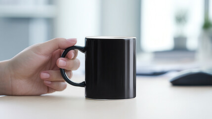 Elegant black mug mockup held gently in a modern office space, ideal for creative beverage branding