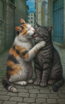 A metaphorical illustration of care, compassion, and the quiet intimacy of healing. A cat sits with its eyes closed, wounded and vulnerable, while a cat licks its face, healing its wounds after a figh