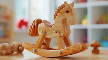 Wooden rocking horse toy crafted with care for children's imaginative play in a vibrant playroom setting