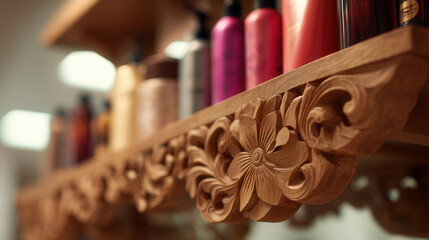 Exquisite wooden carved flower pattern shelf adorned with cosmetic products in a bright beauty salon setting