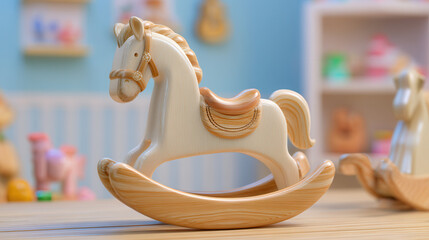 Discover the charm of a wooden rocking horse toy, beautifully crafted for children's playtime in a delightful playroom setting