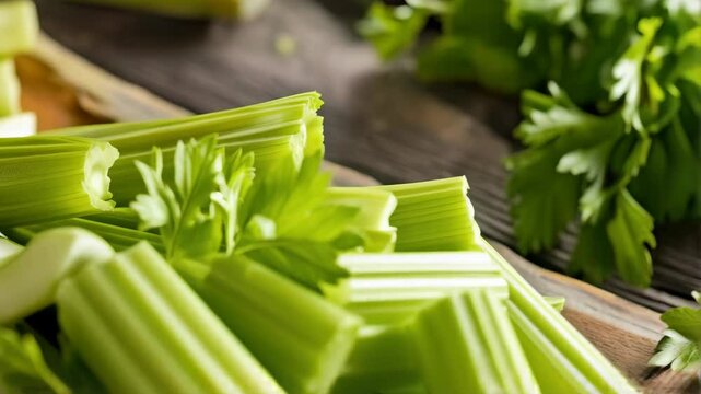 Freshly cut bright green celery stalks with leaves, displayed on a wooden surface in a healthy food preparation environment.
