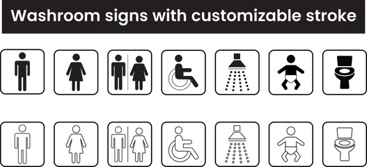 Washroom signs and symbols, toilet and restroom icon set, gents, ladies, disabled person, baby changing room, shower, customizable stroke, vector, illustration