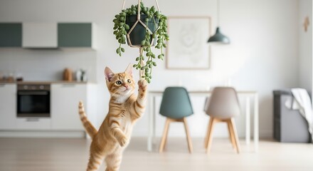 Playful Ginger Kitten Reaching for Hanging Plant in Modern Home Interior.