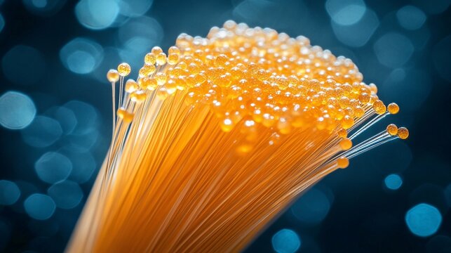 macro close-up of orange dermatophyte fungal spores on hyphae with blue bokeh background