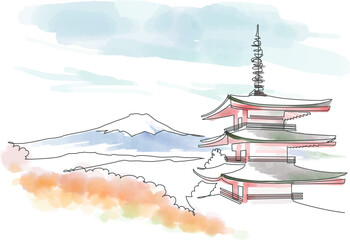 Scenery overlooking Mount Fuji and Five-storied pagoda painted with a single stroke and watercolors. Yamanashi, Japan
