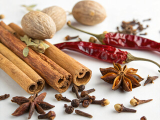 Various spices scattered, isolated on white