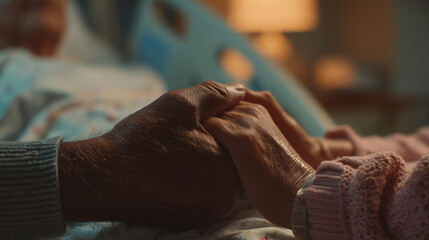 Adult and child holding hands with their parent in a hospital, showing care, support, and family bond, medical environment, healthcare, love, and togetherness.