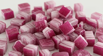Pile of fresh diced red onion pieces on a white surface background