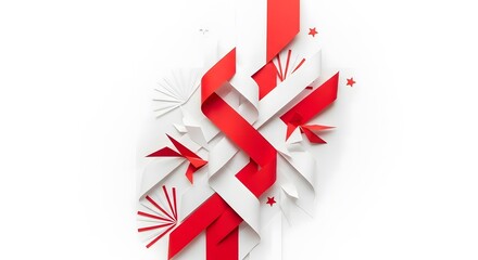 Red and White Geometric Ribbon with Fireworks and Stars for Celebration or Holiday Decor