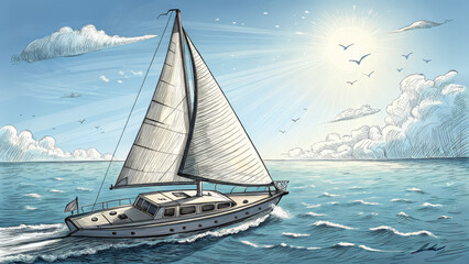 Obraz premium A sailboat sails on the sea under a sunny sky