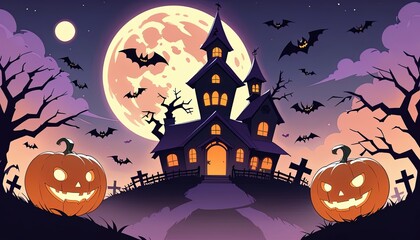 Haunted Halloween night scene with a spooky castle.