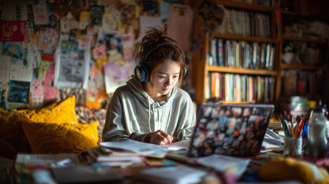 Chinese teen engages in virtual classroom learning from cozy home environment