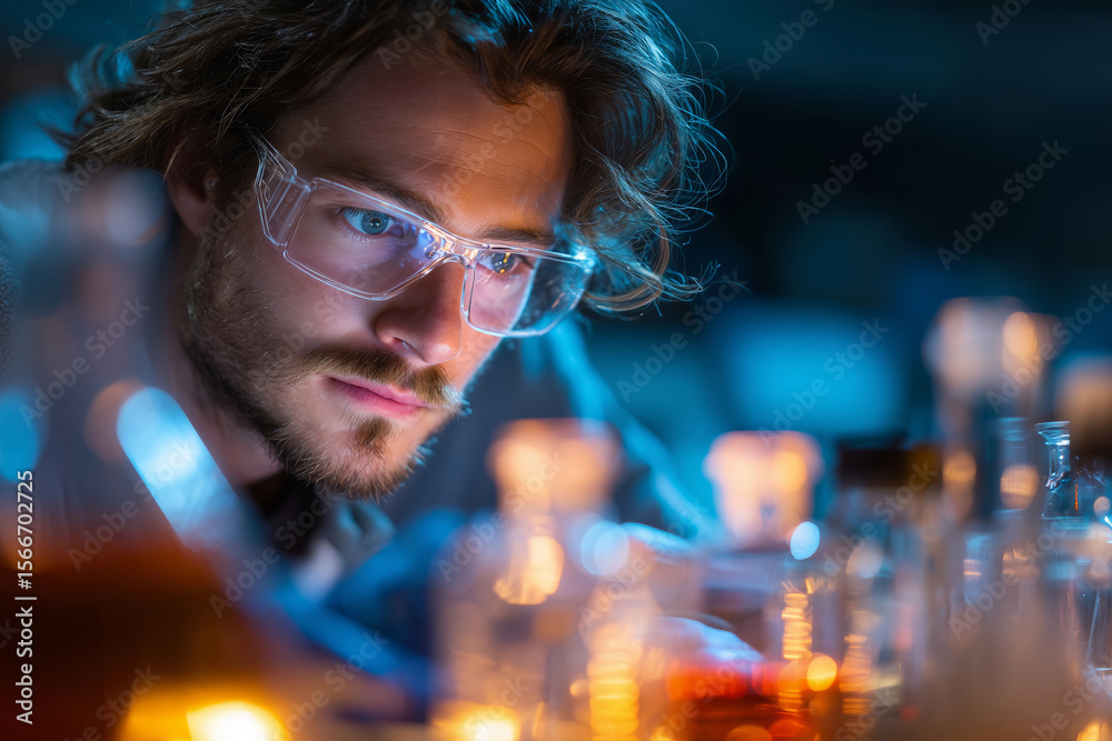 Poster biotech engineer perfecting calibration for nad device in lab ambiance