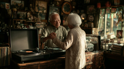 Fototapeta premium Elderly couple shares a timeless moment while slow dancing to nostalgic melodies