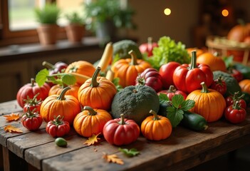colorful autumn harvest rustic wooden table fresh vegetables fruits bounty farmer organic bright seasonal decorations, peppers, pumpkins, apples, grapes