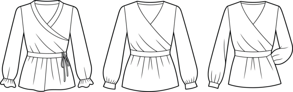 Wrap blouse flat sketch with elastic cuffs and waist tie – women's fashion CADs ideal for garment design, sewing patterns, and professional fashion tech packs.