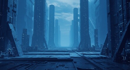 Futuristic Cityscape: Azure Megalopolis at Dusk - Digital Art