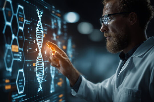 Doctor examines patient DNA analysis using augmented reality interface - Powered by Adobe