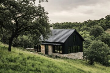Obraz premium A contemporary house seamlessly integrates with the surrounding nature, beautifully set within a tranquil green landscape amid soft, rolling hills under the soft glow of afternoon overcast light