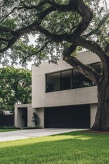 A contemporary concrete home is gracefully positioned amidst lush trees in a peaceful suburban neighborhood, basking in the warmth of a sunny summer afternoon