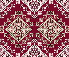 Traditional Tribal Textile Pattern with Red and Cream Geometric Design Pixel Art