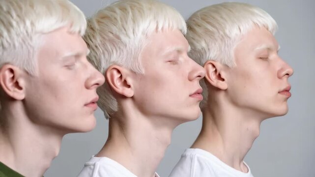 Close up portrait of three young adults with albinism standing in a row in profile against a light gray background with closed eyes.