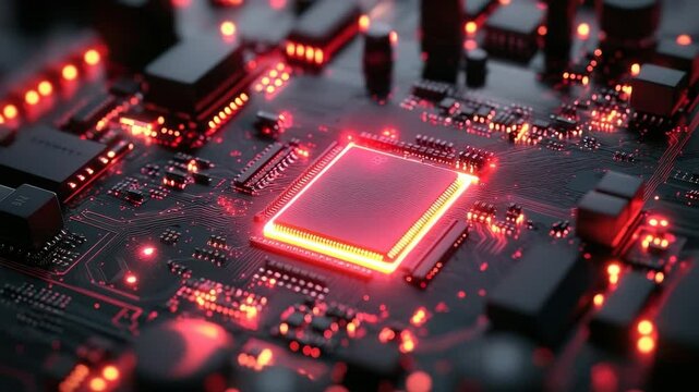 Close-up of a futuristic glowing computer circuit board with illuminated microchips and electronic components