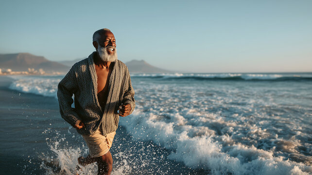 Senior man joyfully running barefoot on sandy beach at sunset