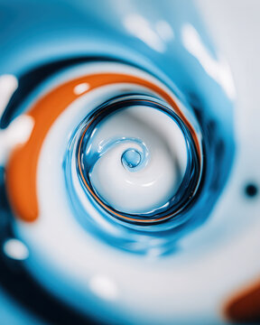 Abstract liquid swirl with smooth flowing patterns of blue, orange, and white colors creating dynamic and vibrant visual