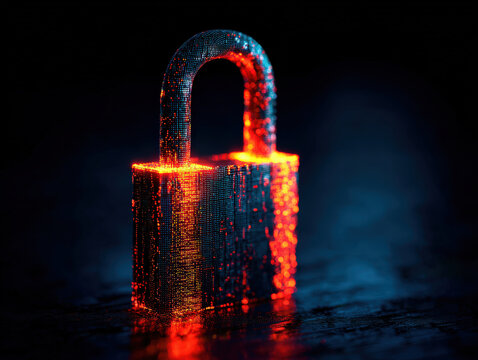 Glowing digital padlock symbolizes cybersecurity, with vibrant red and blue hues against dark background