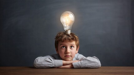 Un enfant innovant qui a une id&eacute;e, une ampoule d&rsquo;inspiration au dessus de sa t&ecirc;te