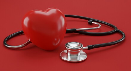 Red Heart Model with Black Stethoscope on Red Background