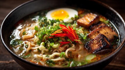 Bol de ramen fumant en gros plan avec nouilles, bouillon riche, tranches de porc