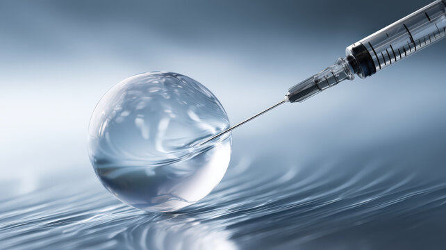 Syringe injecting into clear liquid sphere on reflective surface, creating futuristic and scientific atmosphere