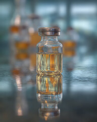 Single sterile glass vial with metal cap containing amber liquid, reflecting on shiny surface. Blurred background