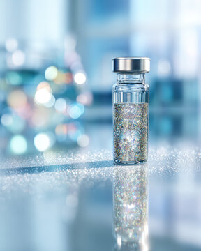 Single glass vial filled with shimmering glitter stands on reflective surface, creating magical and enchanting atmosphere
