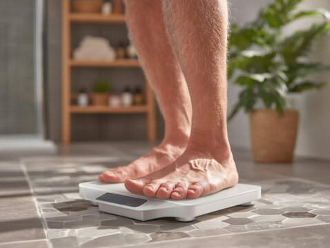 Senior man weighs himself on smart scales in bright bathroom setting - Powered by Adobe
