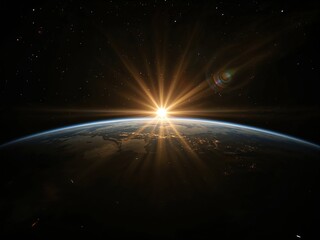 Fototapeta premium Earth and Sunrise with Stars: Awe-Inspiring Photo-Realistic Astrophotography of the Universe's Celestial Beauty in Space and Outer Atmosphere with Epic Solar Flare in High Resolution